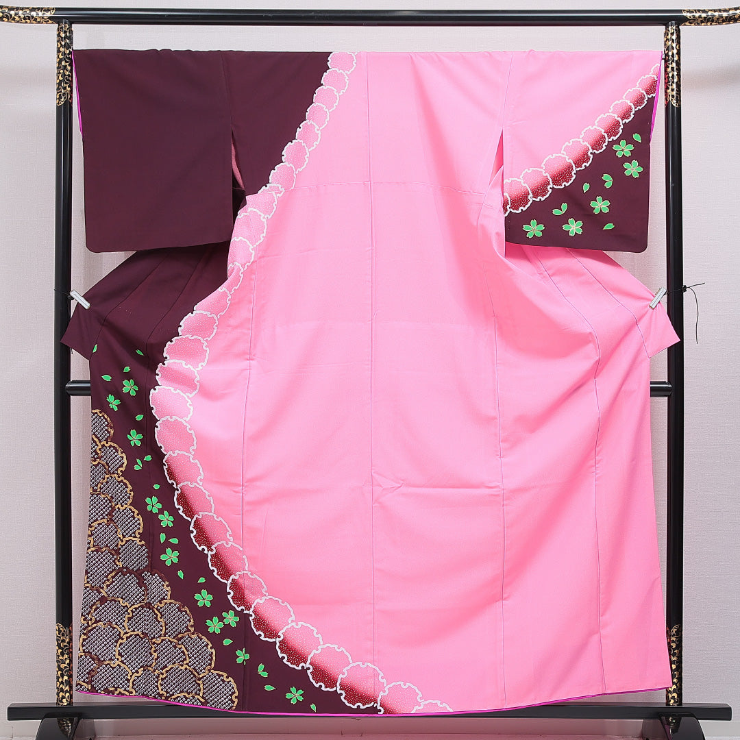 付下げ 洗える着物 単衣 身丈161cm 裄丈68cm ポリエステル Aランク Lサイズ バチ衿 インフォーマル 雪輪 桜 ピンク系 1261-16283