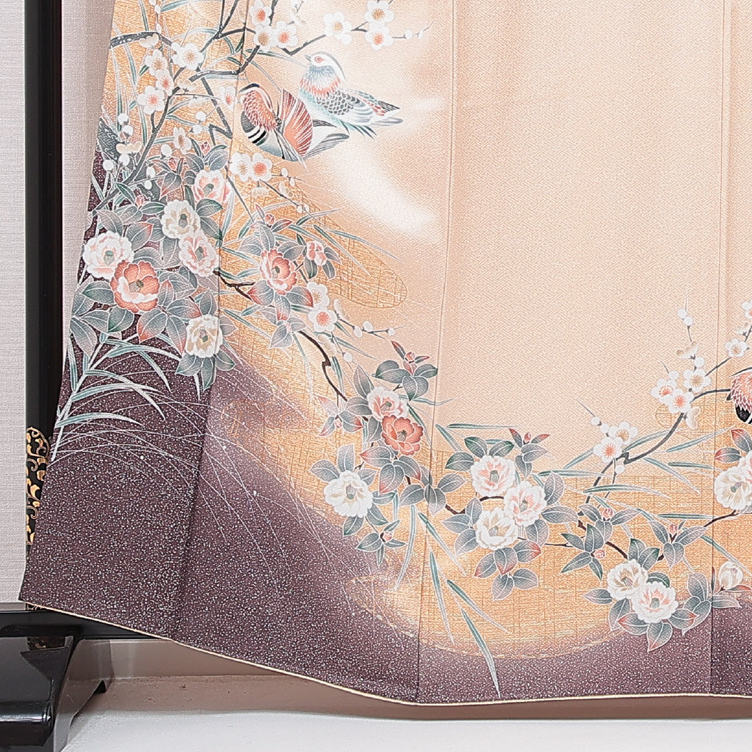 訪問着 袷 身丈162cm 裄丈66cm 正絹 井藤正製 Sランク Lサイズ 広衿 一つ紋（丸に梅鉢） セミフォーマル ガード加工 紋意匠 紗綾形 椿 証紙 ベージュ系 1212-15702