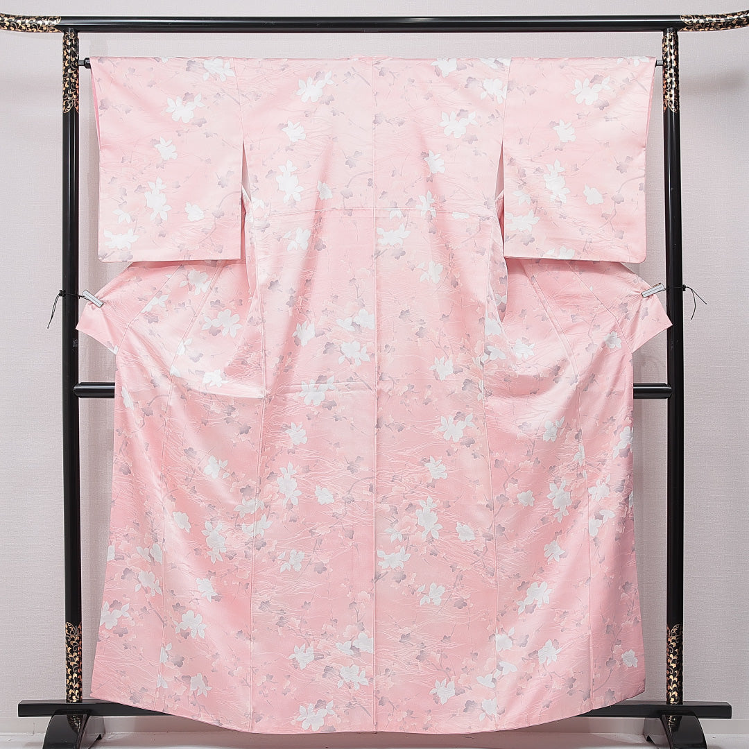小紋 洗える着物 袷 身丈161cm 裄丈64cm ポリエステル Sランク Lサイズ 広衿 インフォーマル 花柄 ピンク系 1215-15790
