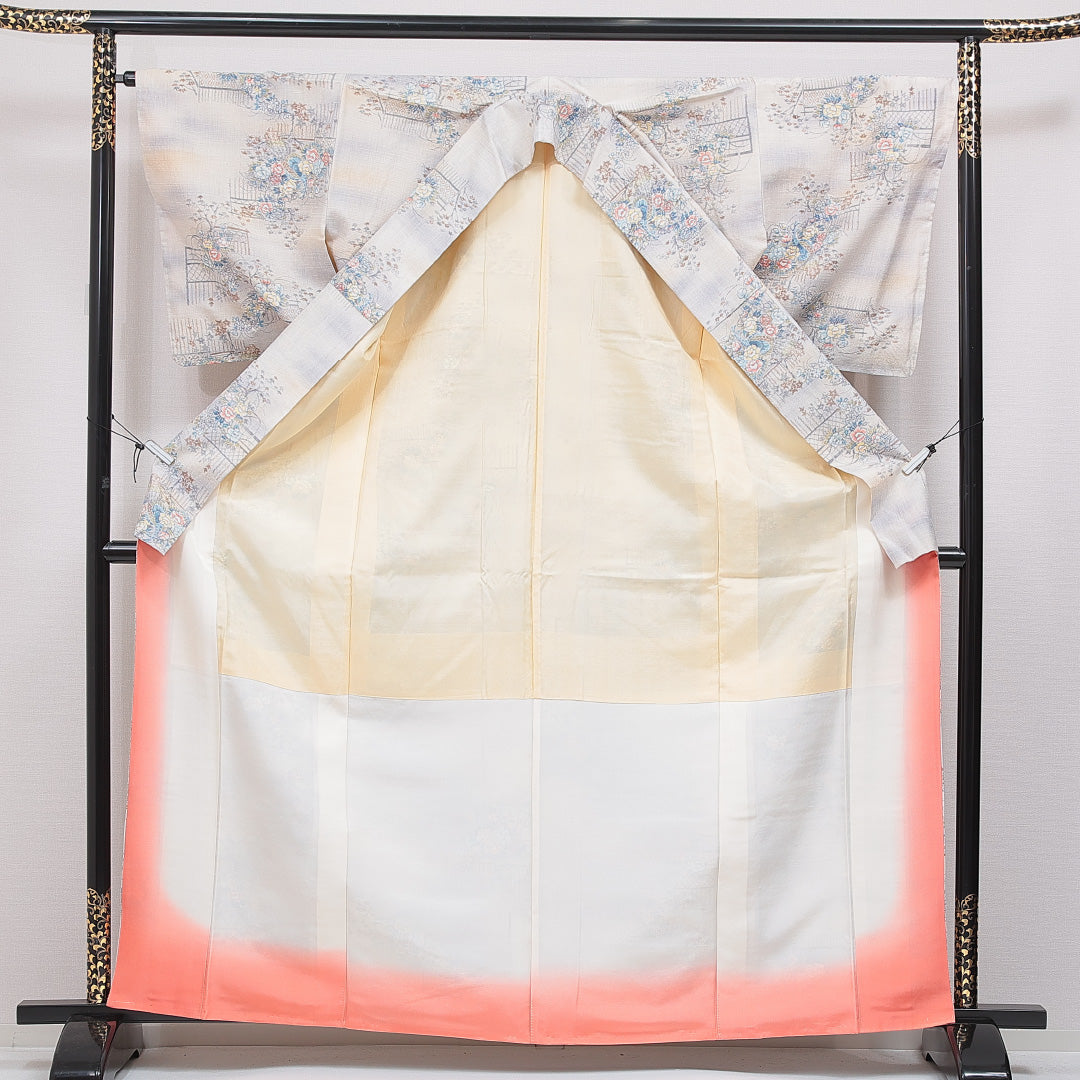 紬 袷 身丈164cm 裄丈66cm 正絹 Aランク Lサイズ 広衿 カジュアル 牡丹 クリーム系 1216-16662