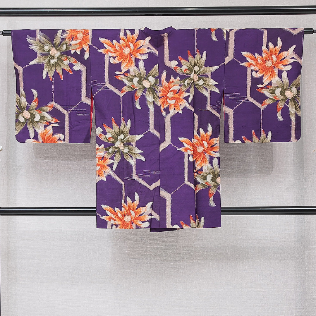 アンティーク 道行コート（銘仙） 袷 身丈86cm 裄丈64cm 正絹 Aランク Mサイズ 亀甲 花柄 青系 1263-15179