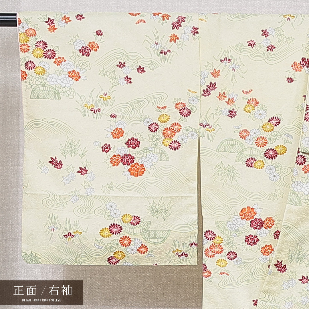 小紋 洗える着物 袷 身丈150cm 裄丈65cm ポリエステル Cランク Sサイズ 広衿 インフォーマル 流水 牡丹 クリーム系 1215-15834
