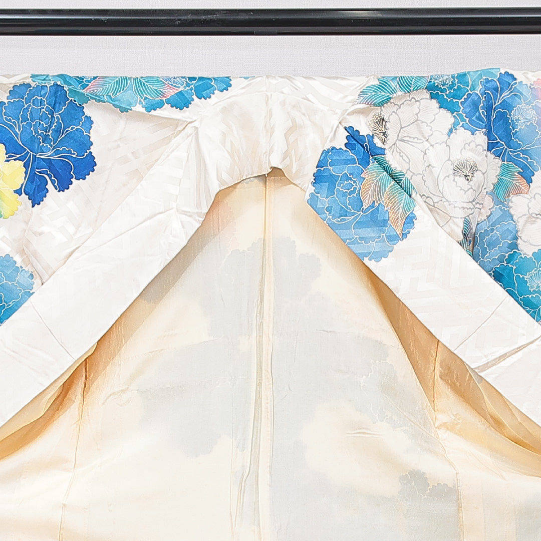 訪問着 袷 身丈154cm 裄丈63cm 正絹 Cランク Sサイズ 広衿 セミフォーマル 牡丹 金彩 クリーム系 水色系 1212-15755