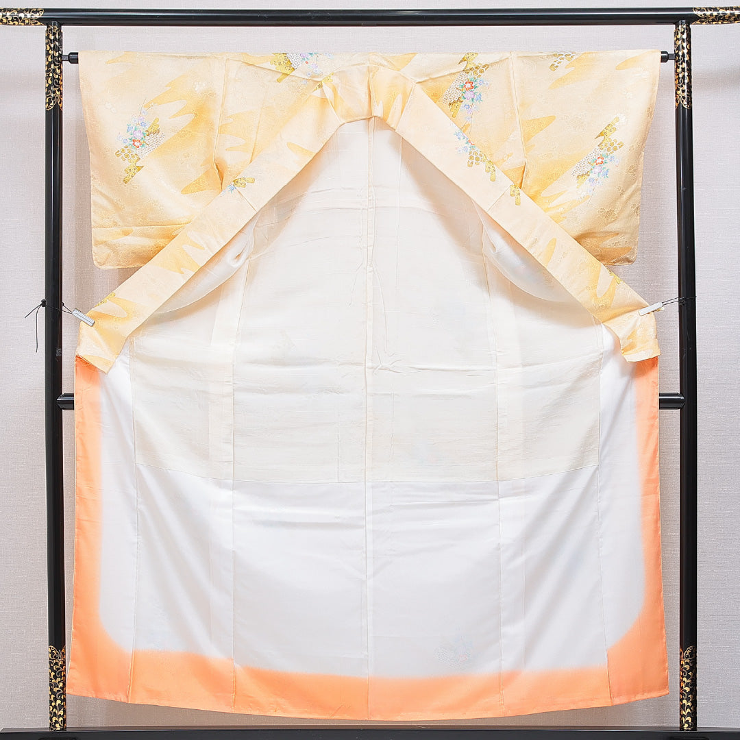 洗える着物 小紋 袷 身丈157cm 裄丈63cm ポリエステル Sランク インフォーマル 広衿 Mサイズ 吉祥文様 黄系 RP 1221-16331