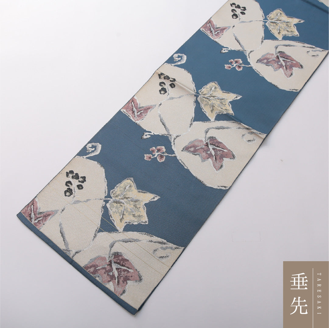 八寸名古屋帯 Aランク 帯丈364cm 正絹 六通 開き仕立て 織り カジュアル 花柄 植物柄 青系 LP 1245-03381
