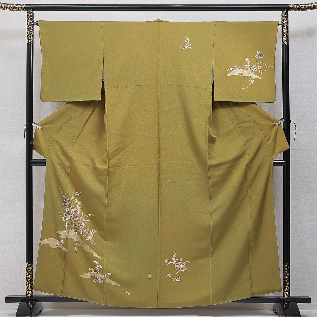 訪問着 袷 身丈158cm 裄丈64cm 正絹 Aランク セミフォーマル 広衿 Mサイズ 朝顔 緑系 RP 1217-15341