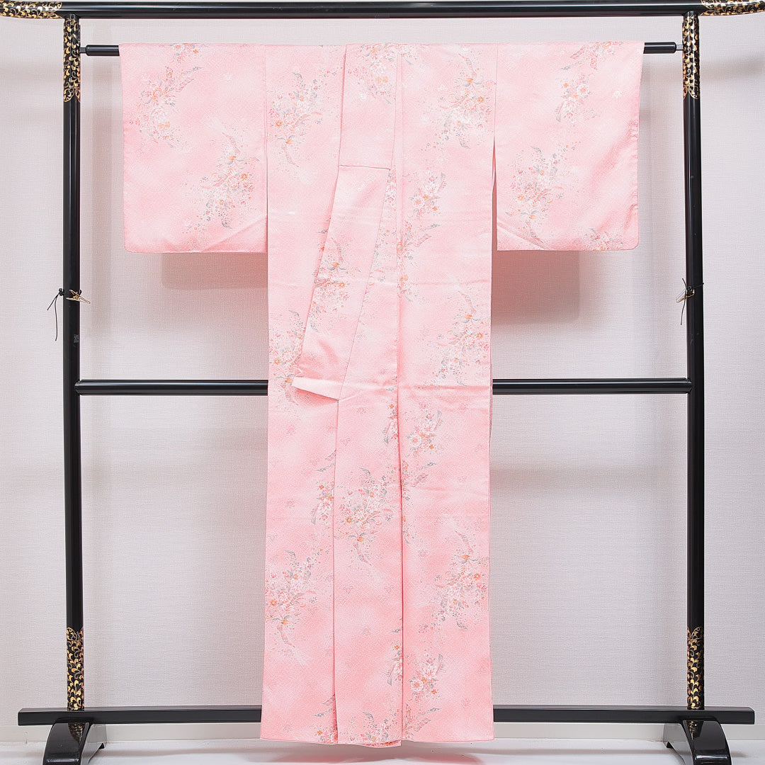 洗える着物 小紋 袷 身丈157cm 裄丈63cm ポリエステル Sランク インフォーマル 広衿 Mサイズ 熨斗 橘 ピンク系 RP 1221-16369