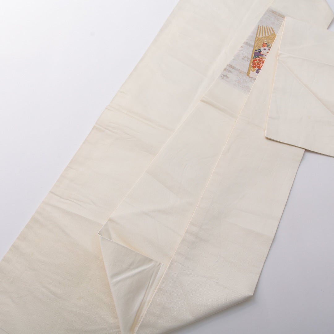 九寸名古屋帯 帯丈349cm セミフォーマル 名古屋仕立て ポイント柄 Cランク 正絹 花車 扇 クリーム系 1224-03641