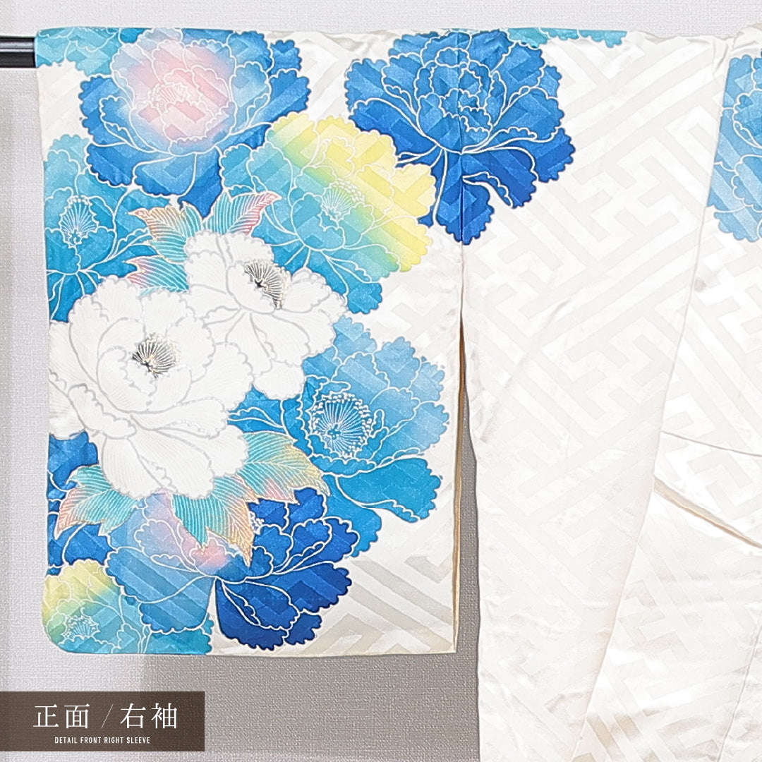 訪問着 袷 身丈154cm 裄丈63cm 正絹 Cランク Sサイズ 広衿 セミフォーマル 牡丹 金彩 クリーム系 水色系 1212-15755