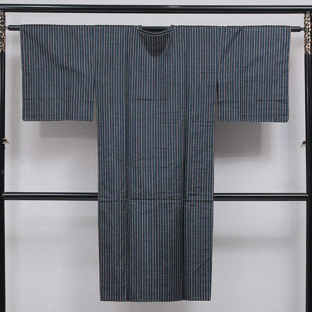 道行コート 単衣 身丈126cm 裄丈62cm 正絹 Sランク セミフォーマル Sサイズ ポケットあり 縞 紺系 RP 1237-16165