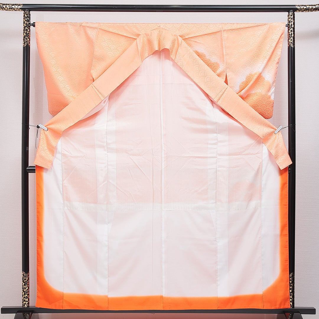 付下げ 洗える着物 袷 身丈162cm 裄丈66cm ポリエステル Bランク Lサイズ 広衿 インフォーマル 紋意匠 青海波 雲取り 朱系 1261-16315