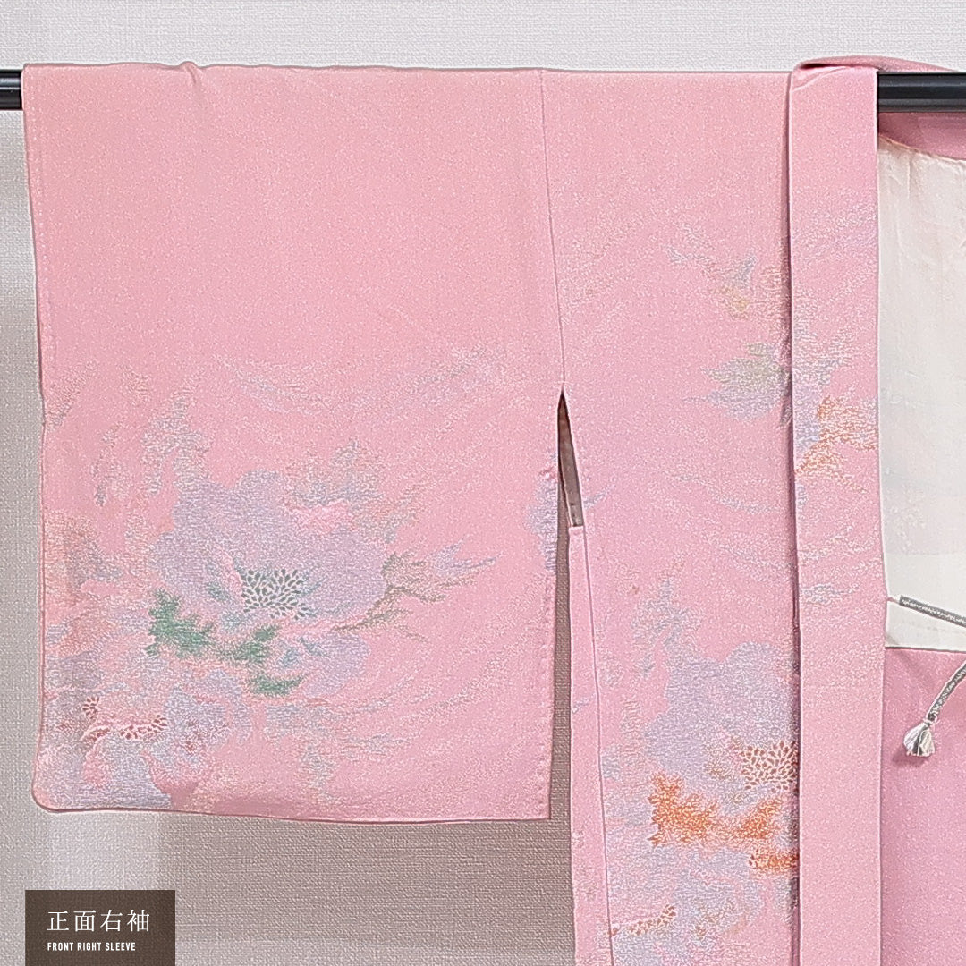 羽織 袷 身丈76cm 裄丈64cm 正絹 Cランク 一つ紋 (五三桐) セミフォーマル Mサイズ 紐あり 牡丹 ピンク系 LP 1232-16160