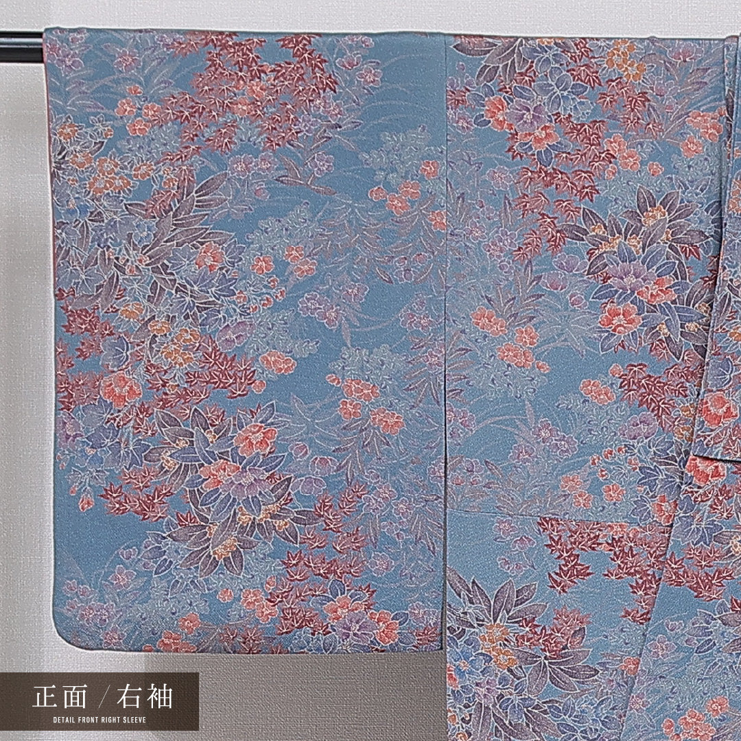 小紋 袷 身丈154cm 裄丈63cm 正絹 Sランク インフォーマル 広衿 Sサイズ 桜 紅葉 青系 RP 1221-15597