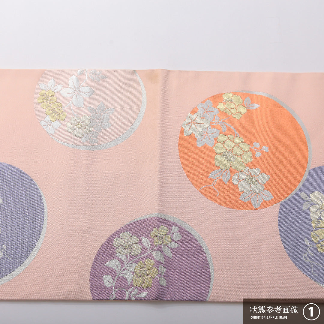九寸名古屋帯 帯丈365cm インフォーマル 名古屋仕立て 六通 Aランク 正絹 丸文 椿 ピンク系 1224-03490