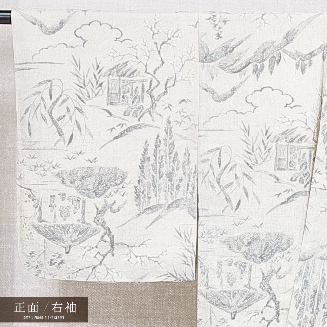 紬 袷 身丈163cm 裄丈64cm 正絹 Cランク カジュアル 広衿 Lサイズ 手描き 染め紬 人物 風景柄 クリーム系 LP 1223-15567