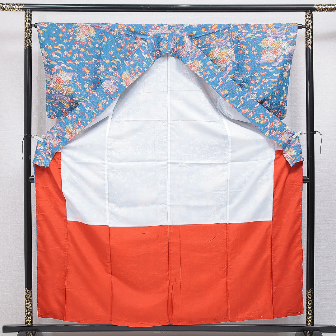 小紋 洗える着物 袷 身丈161cm 裄丈64cm ポリエステル Sランク Lサイズ 広衿 インフォーマル 古典柄 青系 1215-16208