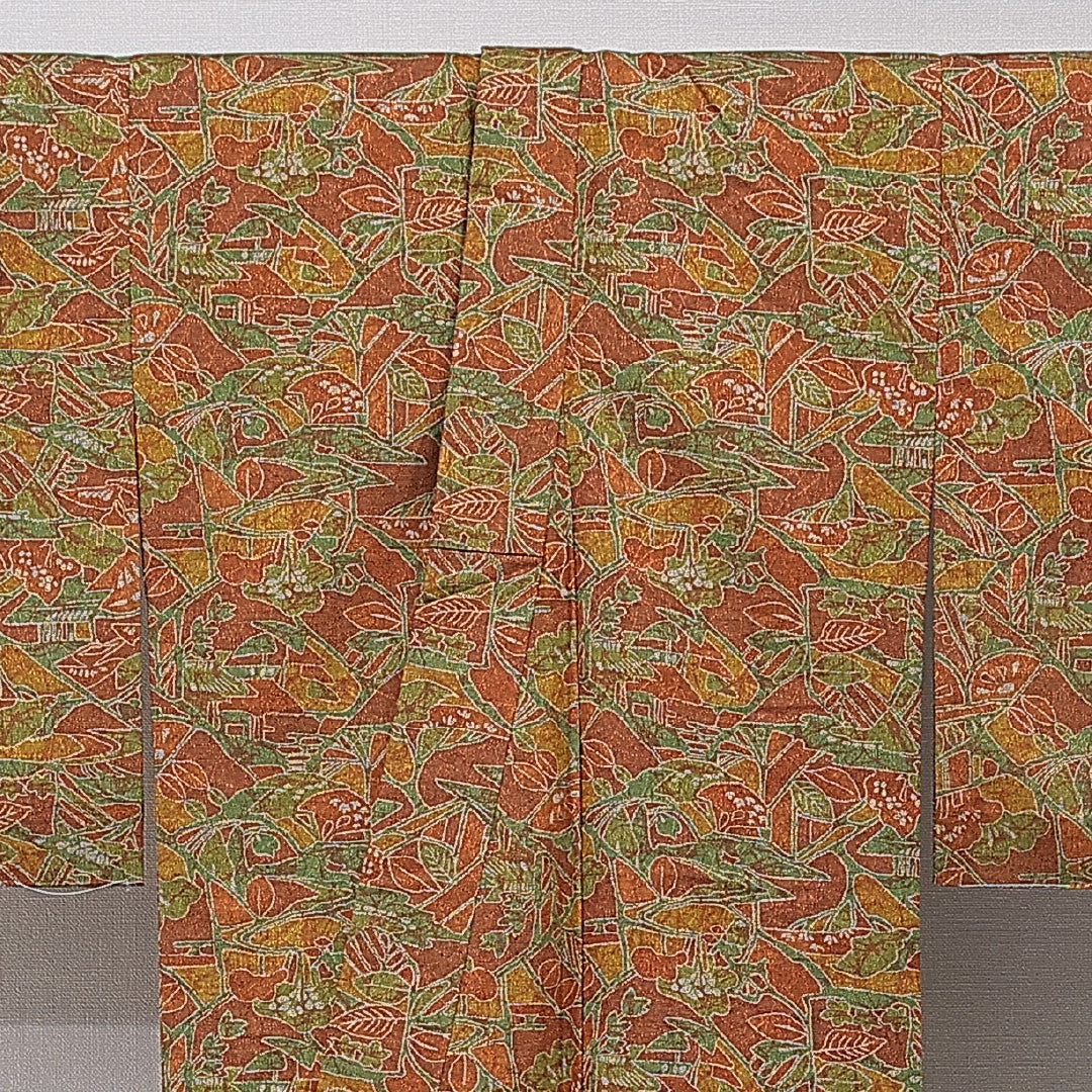 洗える着物 ウールの紬 単衣 身丈152cm 裄丈62cm ウール Sランク カジュアル バチ衿 Sサイズ 植物柄 茶系 RP 1223-15367