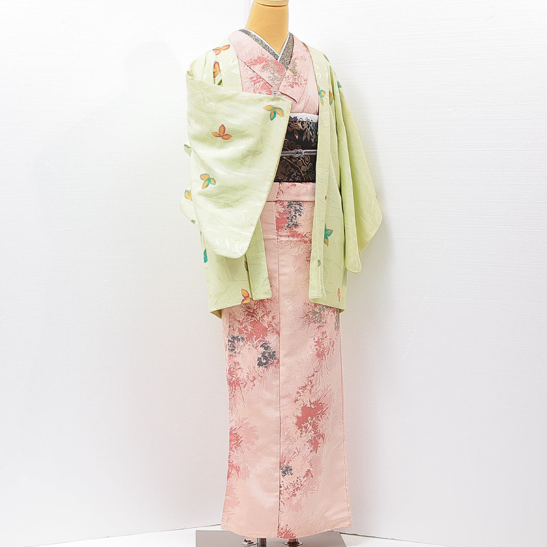羽織 袷 身丈77cm 裄丈62cm 正絹 Cランク カジュアル Sサイズ 植物柄 緑系 HP 1232-15257