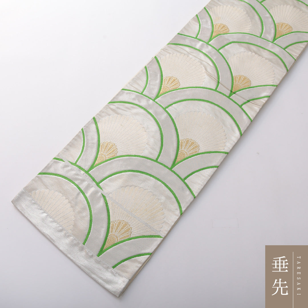袋帯 帯丈426cm 正絹 六通 未仕立て 帯芯なし 青海波 菊 吉祥文様 銀系 1243-02008