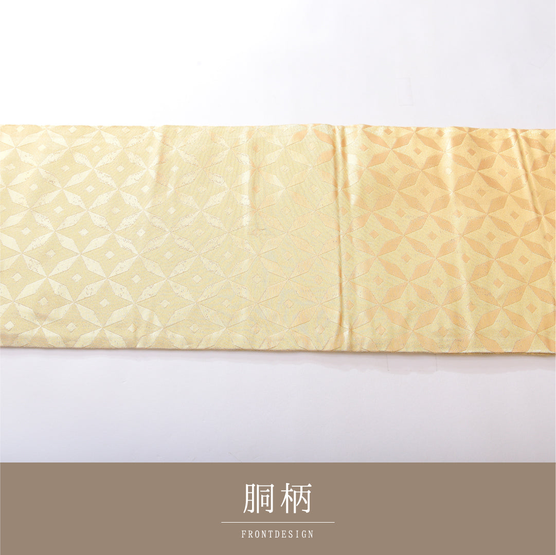 九寸名古屋帯 帯丈392cm カジュアル 開き仕立て 全通 Aランク 正絹 幾何学柄 金系 1224-03831