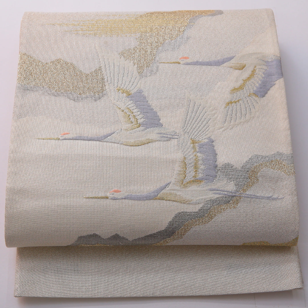 袋帯 帯丈428cm フォーマル ポイント柄 Aランク 正絹 鶴 雲 銀系 1223-01976