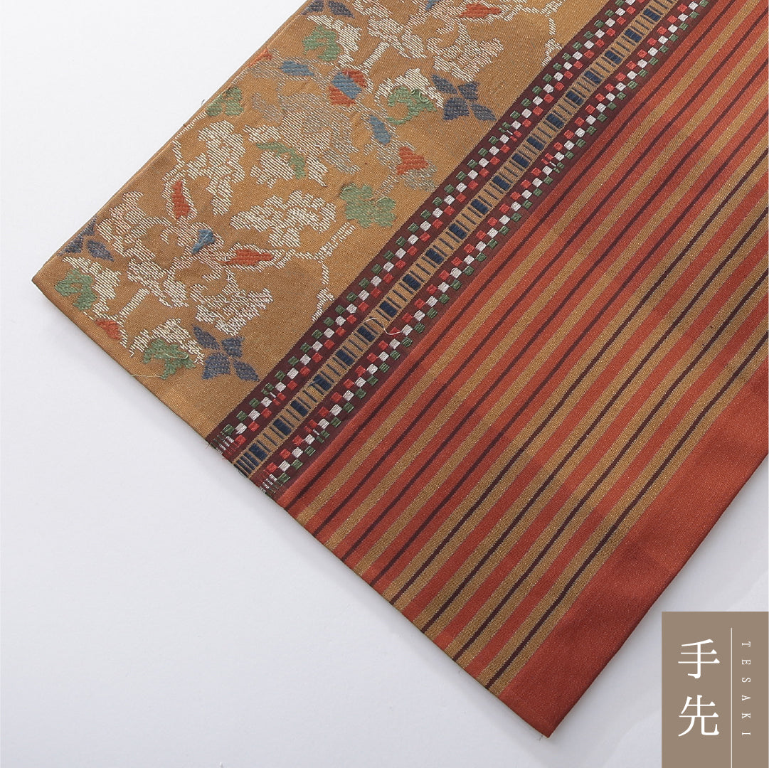 九寸名古屋帯 帯丈350cm インフォーマル 開き仕立て 六通 Aランク 正絹 花柄 縞 多色系 1224-03904