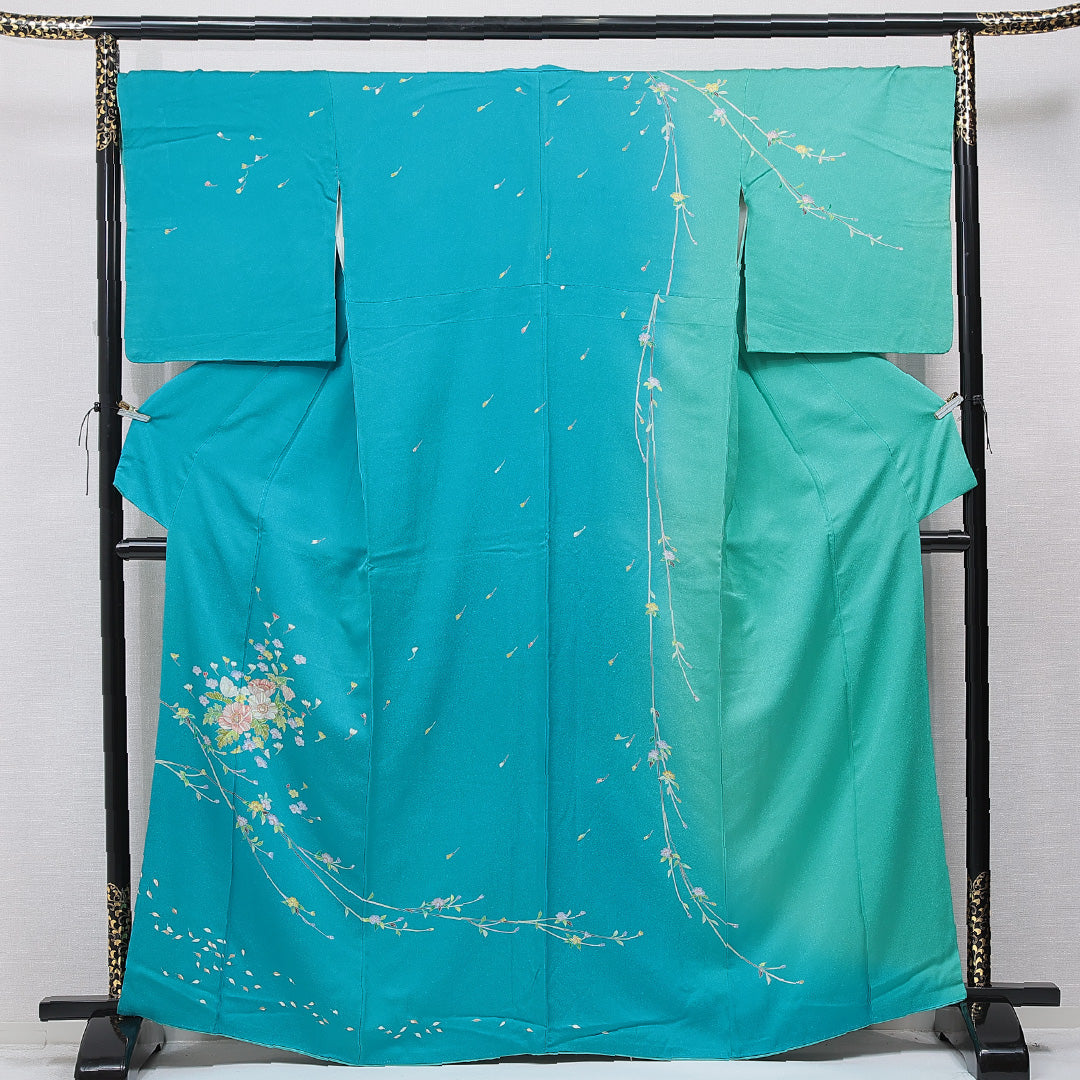 訪問着 洗える着物 袷 身丈163cm 裄丈67cm ポリエステル Cランク Lサイズ 広衿 セミフォーマル 牡丹 青系 緑系 1212-15678