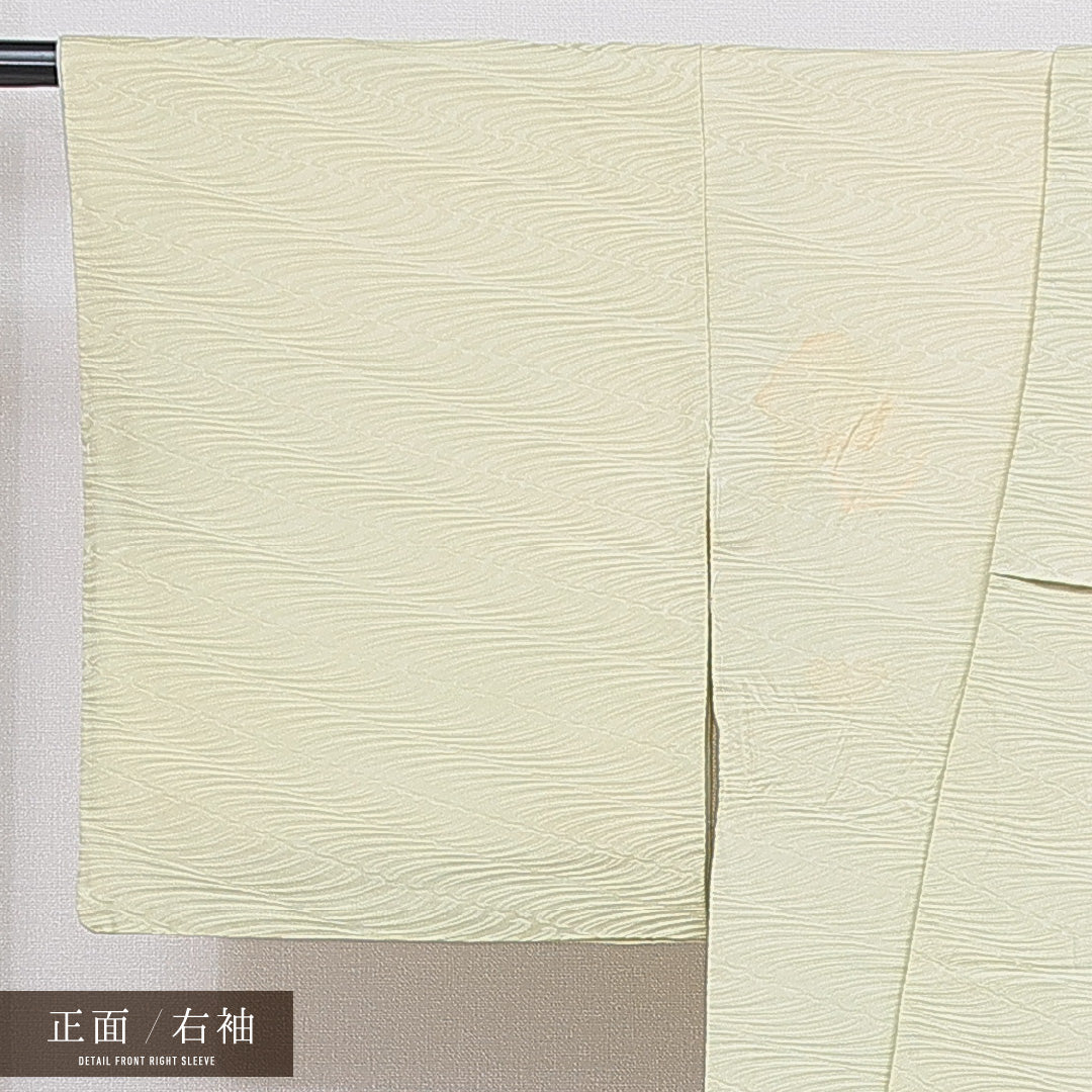 色無地 袷 身丈163cm 裄丈65cm 正絹 Cランク 一つ紋 (丸に五三桐) 紋意匠 (流水) セミフォーマル 広衿 Lサイズ 緑系 HP 1219-16727