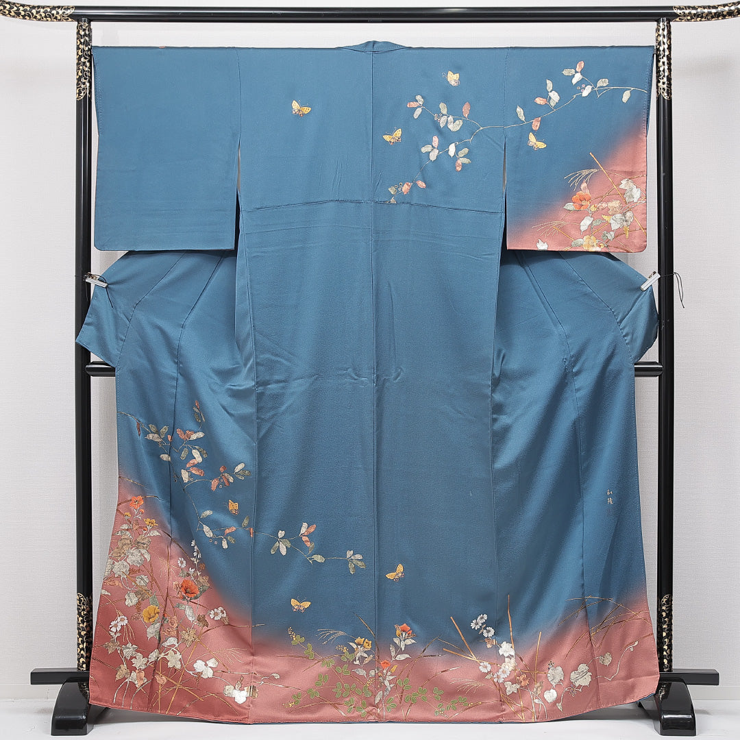 訪問着 袷 身丈168cm 裄丈66cm 正絹 Bランク セミフォーマル 広衿 XLサイズ 染色作家 松森和隆 ぼかし染 金彩 作家物 落款 椿 青系 RP 1217-15108