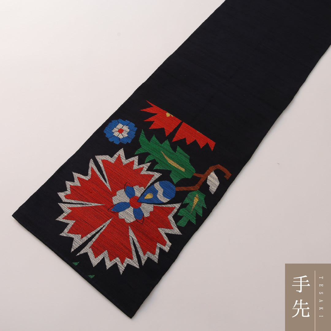 袋帯 帯丈424cm カジュアル 六通 帯芯なし Sランク 正絹 花柄 紺系 1223-01906