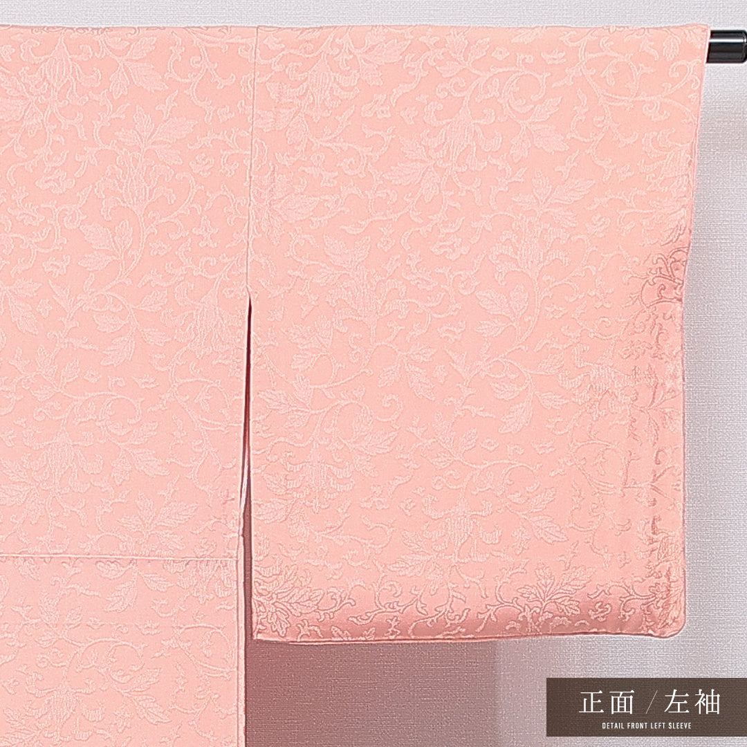 色無地 袷 身丈150cm 裄丈65cm 正絹 Aランク 一つ紋 (丸に違い鷹の羽) 紋意匠 (唐草) セミフォーマル 広衿 Sサイズ 朱系 RP 1219-16726