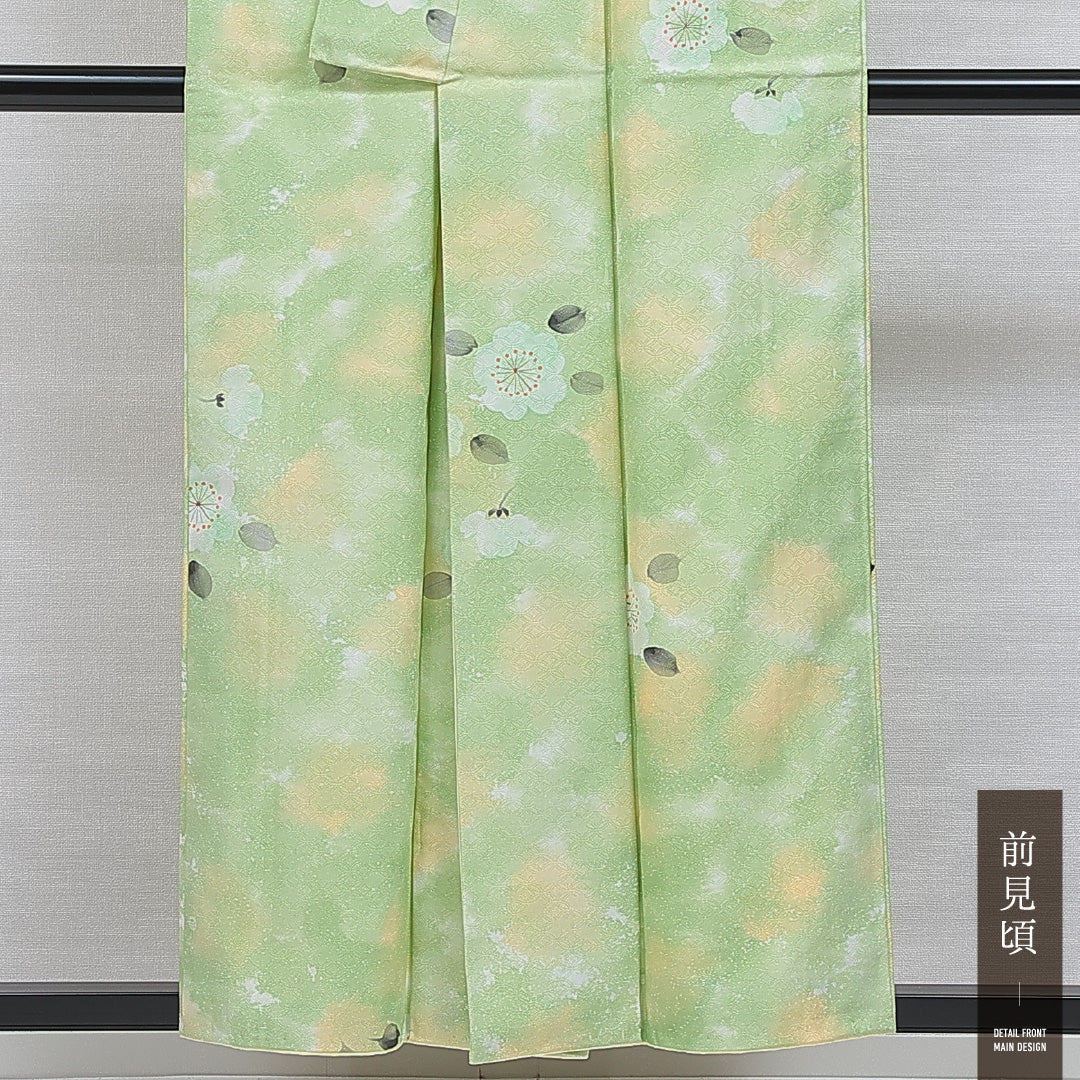 小紋 洗える着物 袷 身丈155cm 裄丈62cm ポリエステル Sランク Mサイズ 広衿 インフォーマル 七宝 桜 緑系 1215-16396