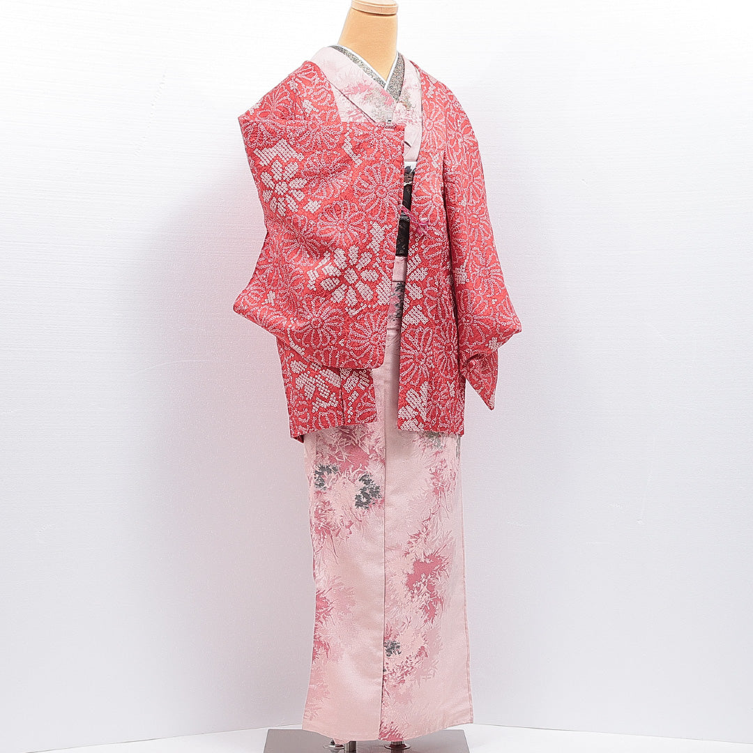 羽織 袷 身丈77cm 裄丈65cm 正絹 Aランク カジュアル Mサイズ 紐あり 菊 赤系 HP 1232-16454