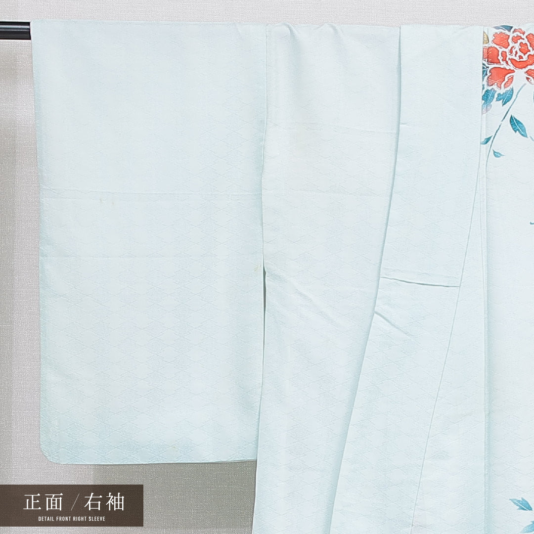 訪問着 袷 身丈159cm 裄丈63cm 正絹 Cランク セミフォーマル 広衿 Mサイズ 刺繍 牡丹 吉祥文様 水色系 LP 1217-15944
