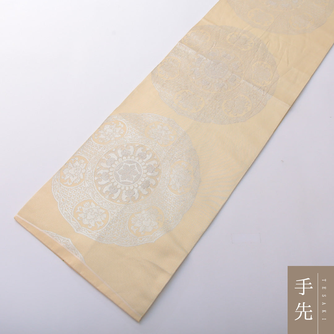 袋帯 帯丈418cm 正絹 全通 フォーマル 鏡裏文 黄系 1243-01996