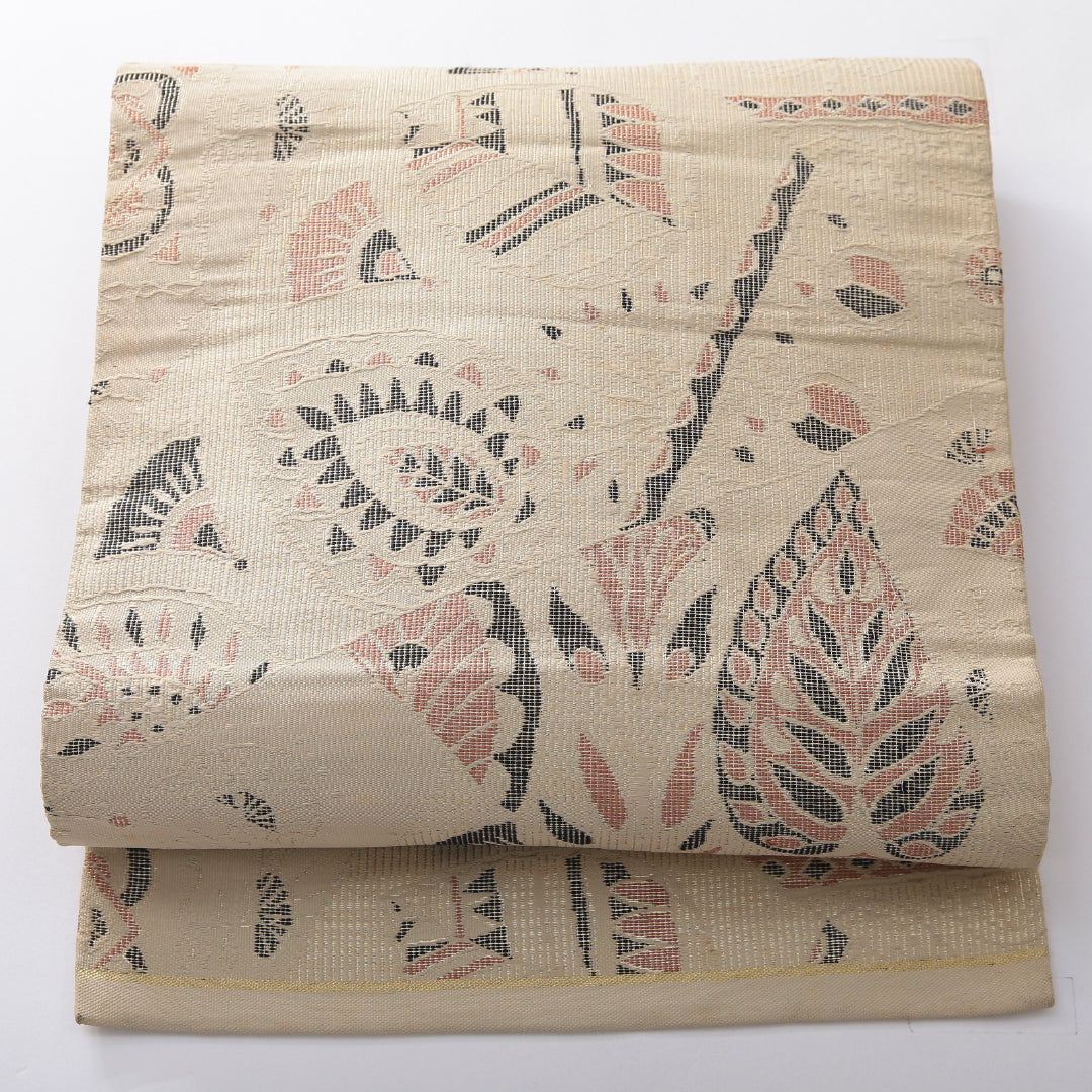 アンティーク 九寸名古屋帯 帯丈331cm 名古屋仕立て 六通 Bランク 正絹 創作柄 ベージュ系 1224-03939