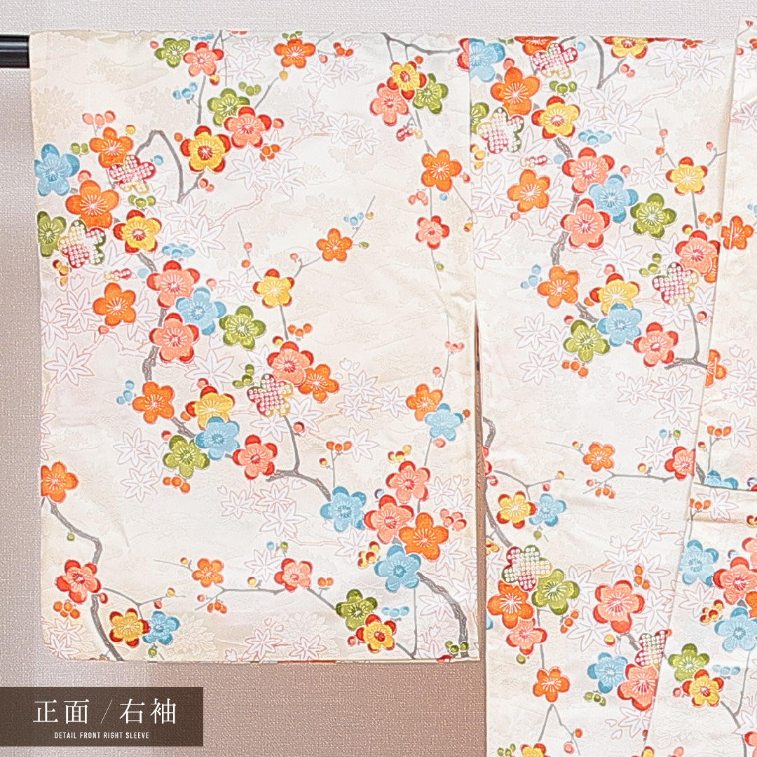 洗える着物 小紋 袷 身丈162cm 裄丈64cm ポリエステル Sランク インフォーマル 広衿 Lサイズ 梅 楓 クリーム系 RP 1221-16011