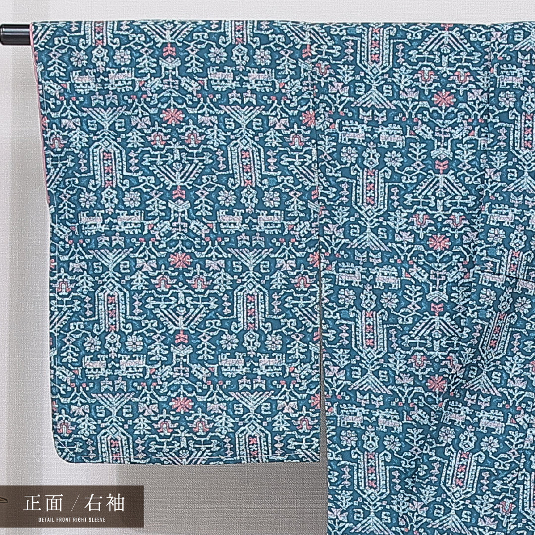 小紋 袷 身丈156cm 裄丈64cm 正絹 Sランク インフォーマル 広衿 Mサイズ 抽象柄 青系 RP 1221-15882