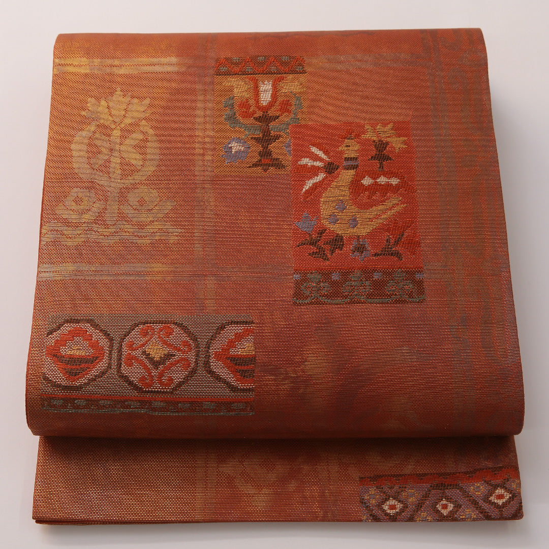 袋帯 帯丈428cm セミフォーマル 六通 Aランク 正絹 創作柄 朱系 1223-01907