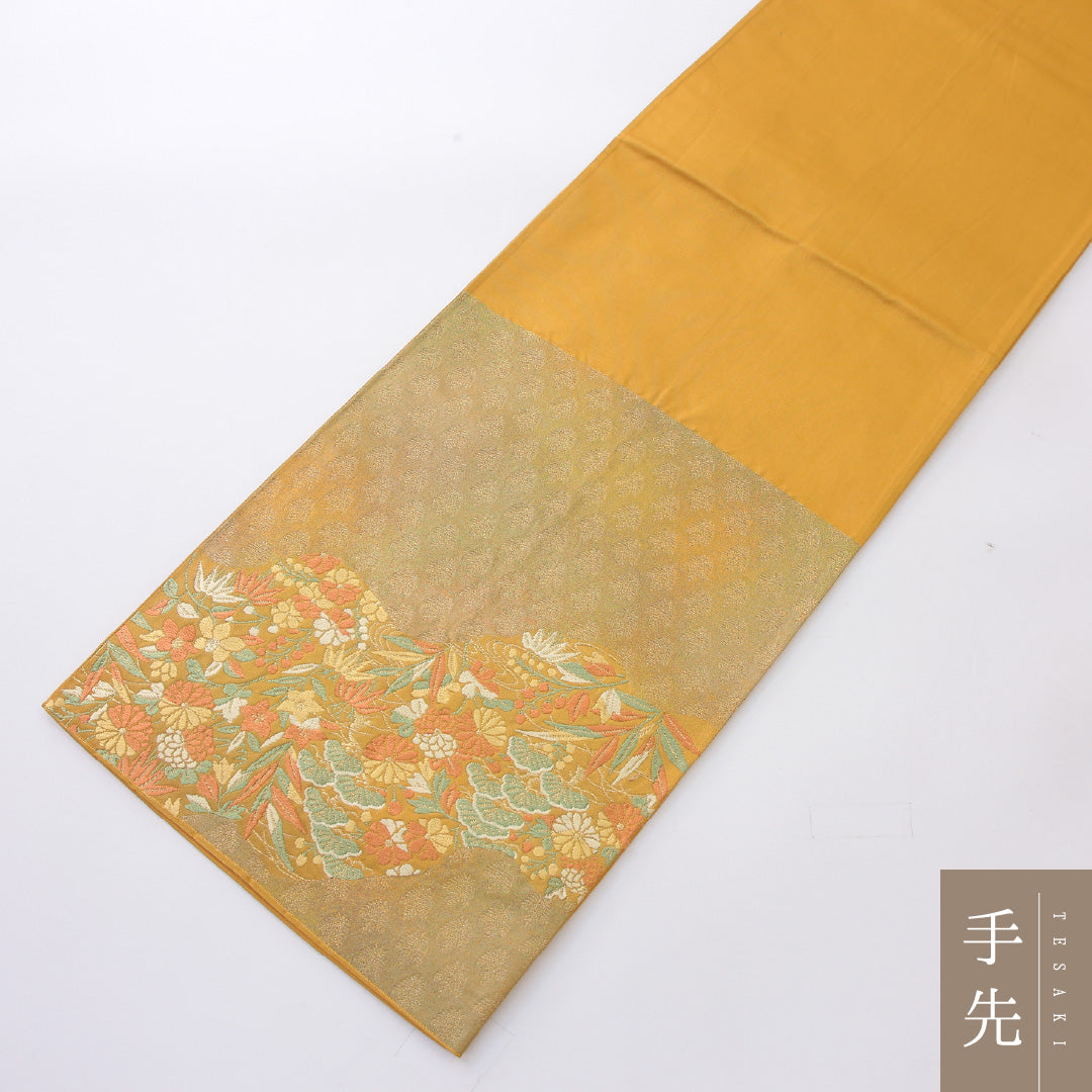 袋帯 帯丈420cm 正絹 六通 帯端のみ未仕立て フォーマル 道長取り 古典柄 黄系 金系 1243-02210