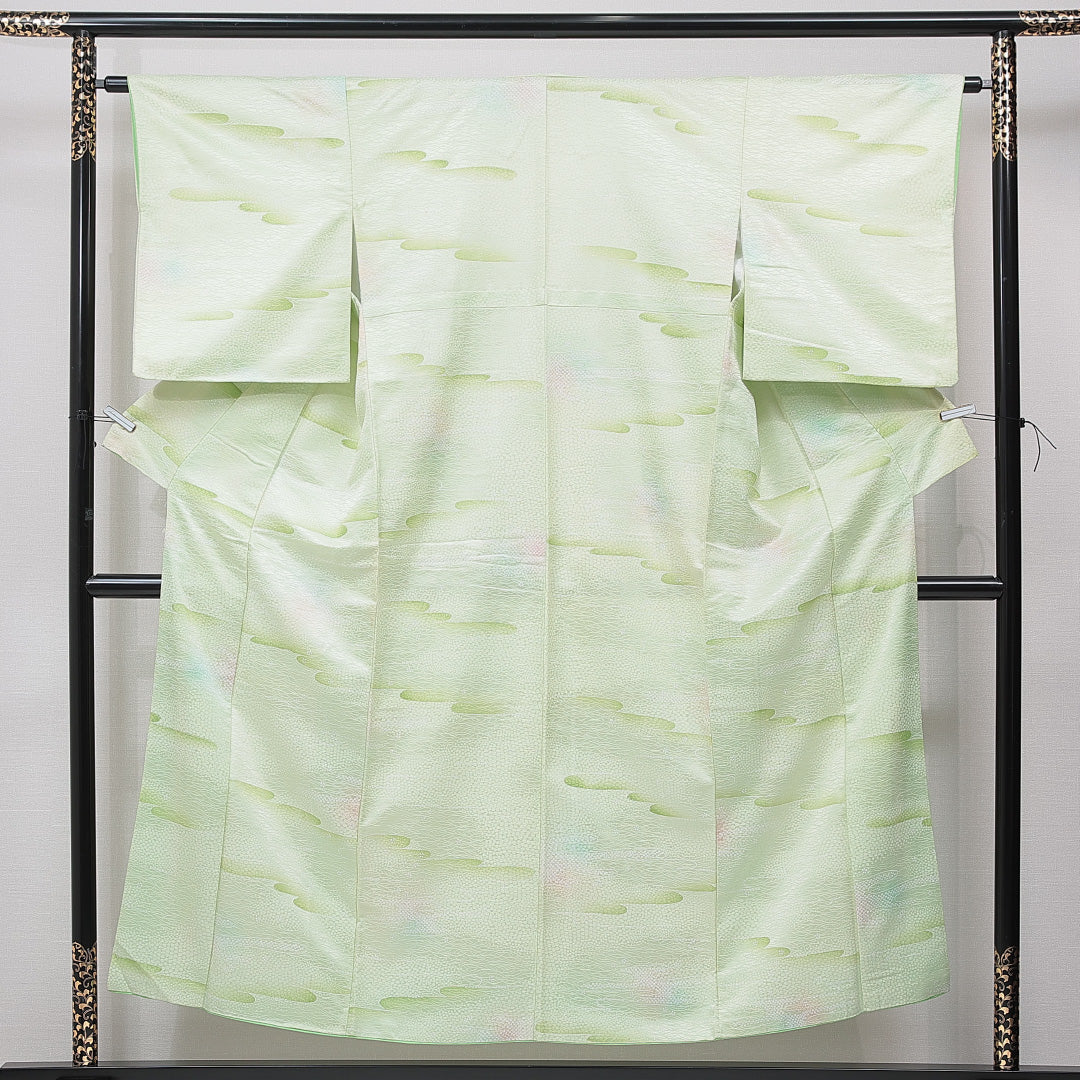 小紋 洗える着物 袷 身丈150cm 裄丈62cm ポリエステル Cランク Sサイズ 広衿 インフォーマル 古典柄 緑系 1215-15797