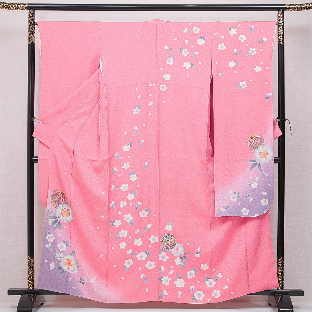 振袖 袷 身丈161cm 裄丈66cm フォーマル Cランク Lサイズ 正絹 広衿 毬 桜 1213-F0651