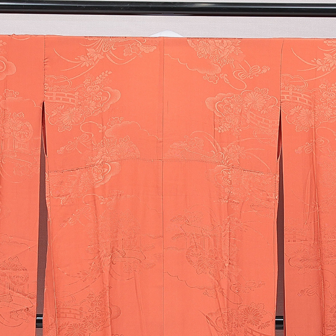 振袖用 長襦袢 無双袖 身丈124cm 裄丈65cm 正絹 Sランク Mサイズ 花車 茶系 RP 1240-15390