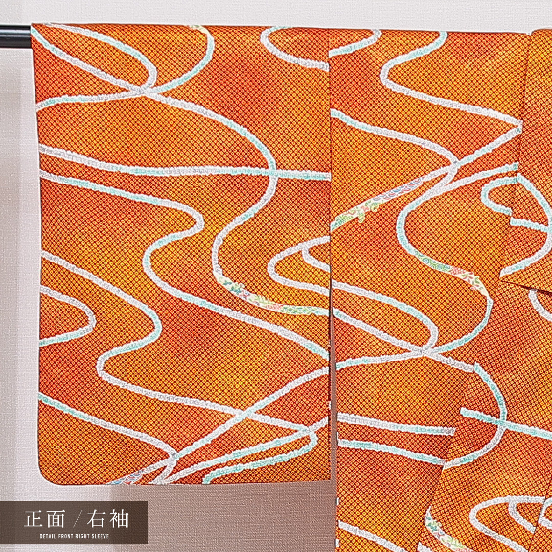 小紋 単衣 身丈158cm 裄丈64cm 正絹 Sランク Mサイズ 広衿 インフォーマル 創作柄 朱系 1215-15686