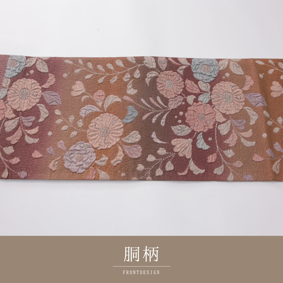袋帯 帯丈432cm 正絹 六通 帯芯なし セミフォーマル ふくれ織 唐草華文 ピンク系 1243-02278