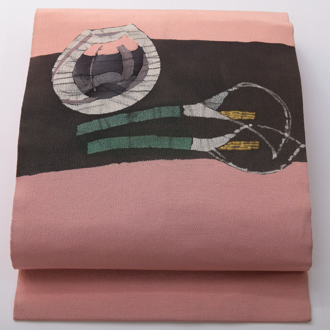 九寸名古屋帯 帯丈356cm カジュアル 名古屋仕立て ポイント柄 Cランク 正絹 創作柄 ピンク系 1224-03515