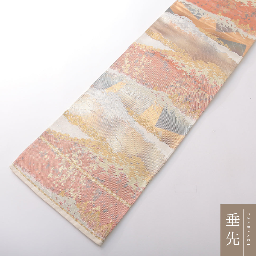 袋帯 帯丈416cm 正絹 六通 セミフォーマル 綴れ織 遠山 クリーム系 1243-02124