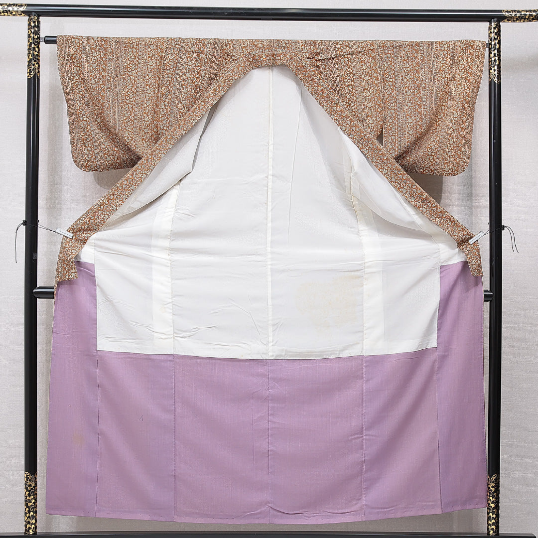 小紋 袷 身丈156cm 裄丈65cm 正絹 Dランク Mサイズ バチ衿 インフォーマル 更紗 花柄 茶系 1215-15710