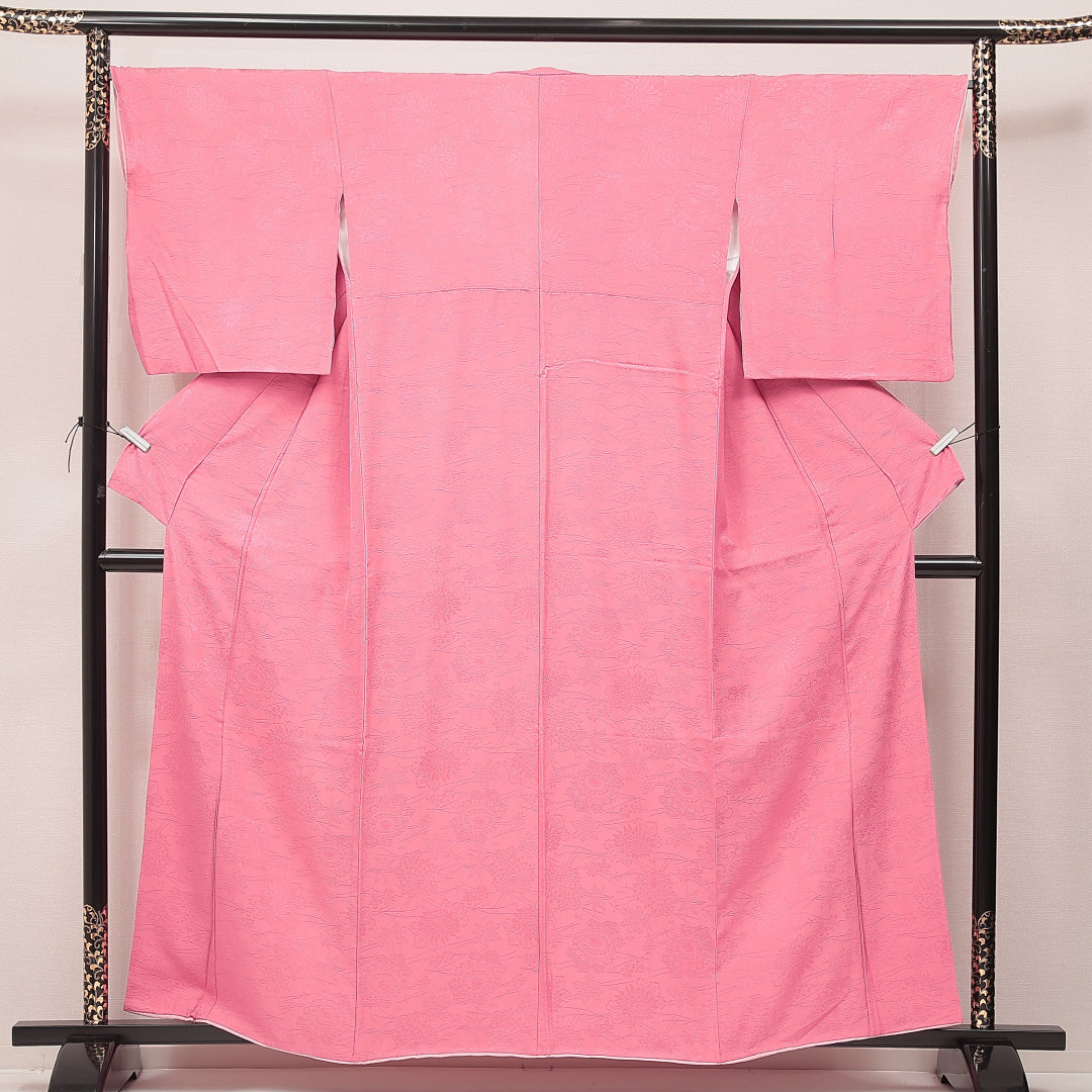 色無地 袷 身丈160cm 裄丈66cm 正絹 Sランク Lサイズ 広衿 インフォーマル 紋意匠 桜 ピンク系 1214-16894