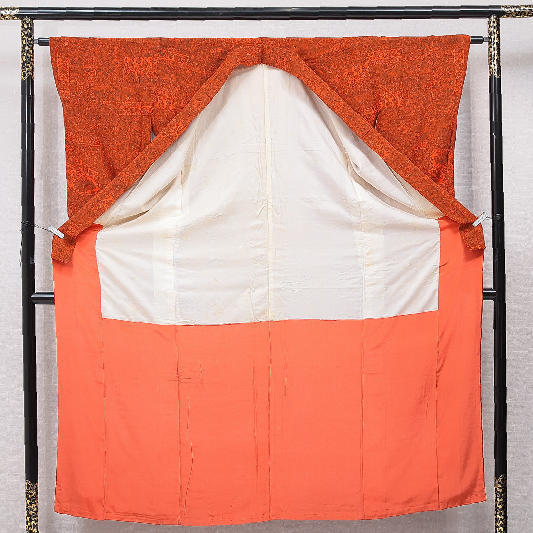 アンティーク 小紋 袷 身丈155cm 裄丈62cm 正絹 Aランク Mサイズ バチ衿 更紗 ちりめん 花柄 赤系 朱系 1215-15683